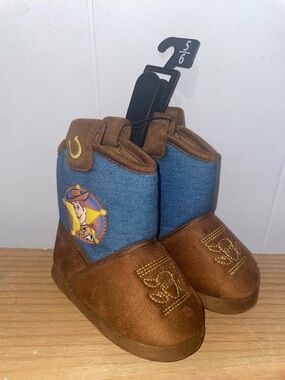 Kids Brown & Blue Cowboy Boot Slippers - Toy Story Woody